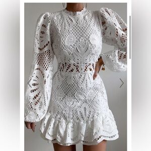 Showpo Kiss Me Now Mini Dress- Long Puff Sleeve Dress in White Lace- Size 2 (XS)